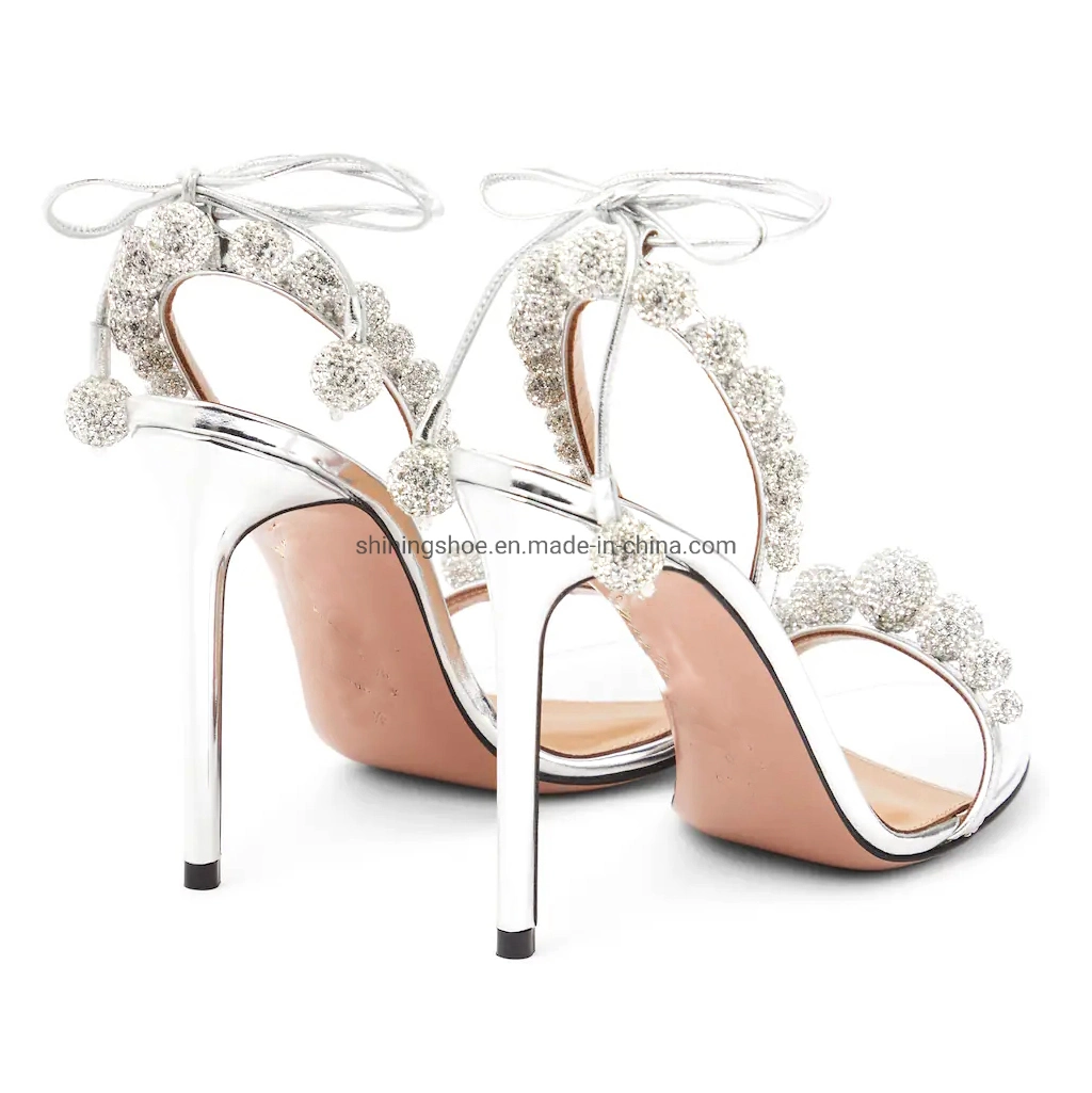 Luxury White Diamonds Pearls Strap Lace up Ankle Strap High Heel Women Sandals