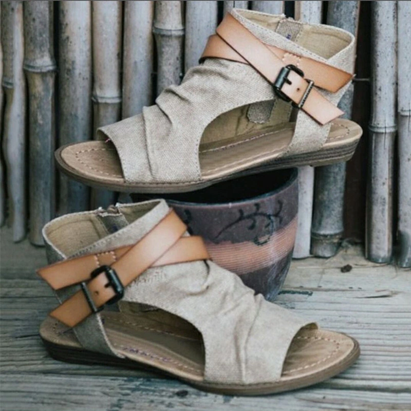 Womens Crisscross Flat Sandals Strappy Buckle Cutout Stacked Wedge Heels Sandal Ankle Wrap Cushioned Sandals Esg14051