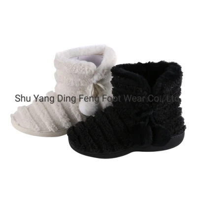 ウールボール付きの快適な縞模様の綿ウール、厚い靴底、ブーツ、滑り止めの靴